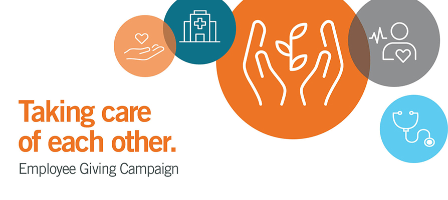 Icon graphics representing hospitals and giving. Text reads "Taking care of each other. Employee Giving Campaign"